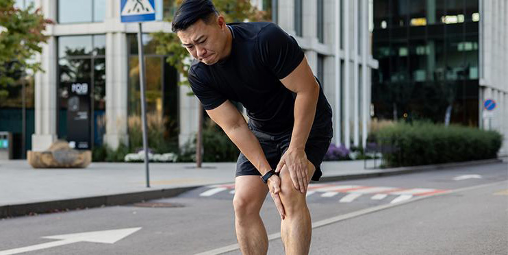Runner experiencing knee pain during running with highlighted knee joint stress and injury area