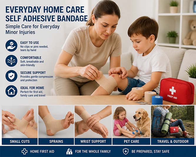 Self adhesive bandage for home use and minor injury care in family first aid treatment