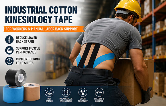 Industrial cotton kinesiology tape applied to a worker’s lower back for support, stability, and injury prevention during manual labor in a warehouse