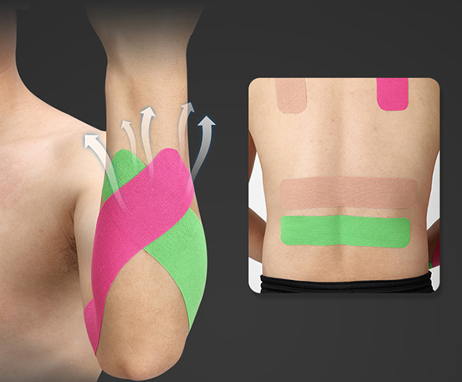 Kinesiology tape applied to shoulder and back to support muscle stability, improve posture, and relieve pain