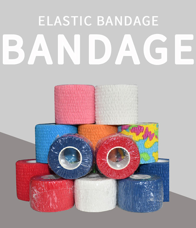 Elastic bandage rolls stacked in multiple colors for sports and medical use