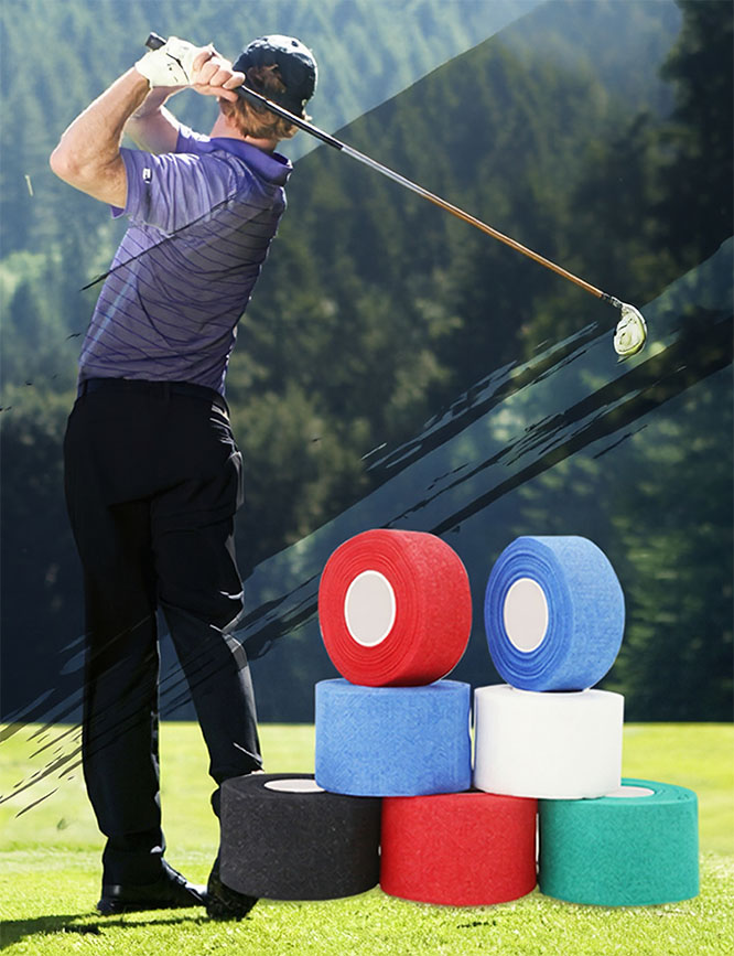 Athlete swinging a golf club on a course with colorful rolls of gauze bandage displayed in the foreground