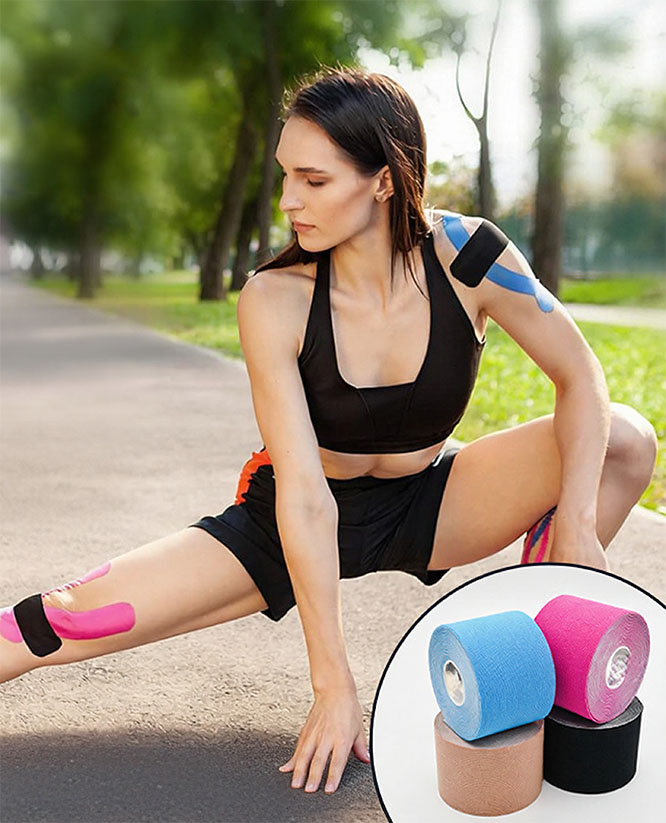 Athlete wearing I shape kinesiology tape strip for muscle support pain relief and sports injury recovery during outdoor training exercise