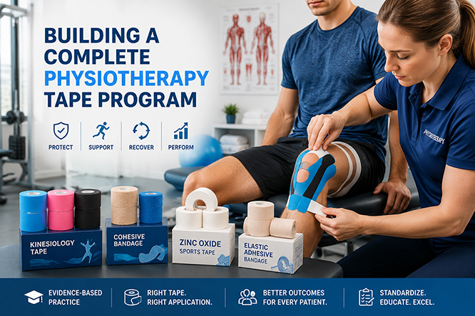 Physiotherapist applying multi-layer sports taping on athlete knee as part of a complete physiotherapy tape program in modern clinical rehabilitation setting