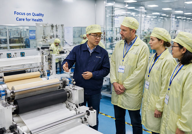 Onlywell team guides international visitors through a professional sports medicine manufacturing facility.