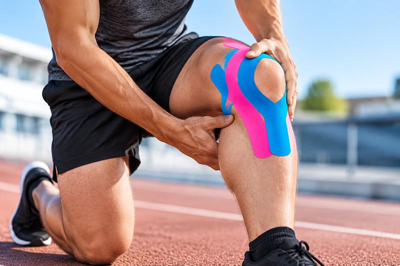 joint support tape applied around an athlete's knee during outdoor sports training